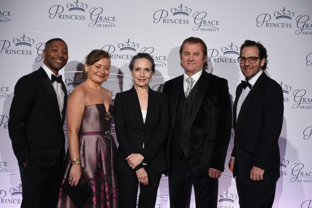 Princess Grace Statue Award winner Kyle Abraham, Maria Soldier, hostess Bebe Neuwirth, Alex Soldier and Statue Award winner Sam Gold attend the 2018 Princess Grace Awards Gala at Cipriani 25 Broadway in New York City.