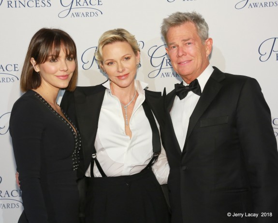 Katharine McPhee, Her Serene Highness Princess Charlene of Monaco and presenter David Foster attend the 2018 Princess Grace Awards Gala at Cipriani 25 Broadway in New York City.